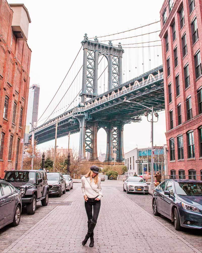 famous dumbo district in brooklyn with the Manhattan bridge in the background