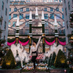 Christmas decorations at Saks in New York facing the Rockefeller center and the Rockefeller tree